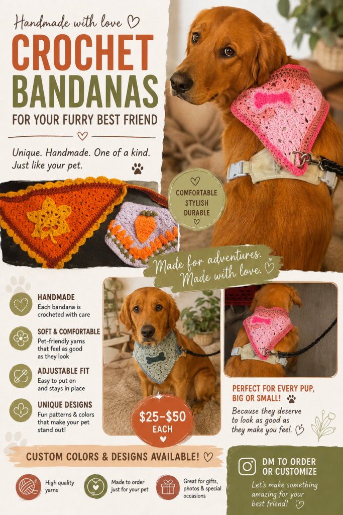 CMCrochet Designs pet bandana lifestyle collage showing pets wearing handmade crochet bandanas