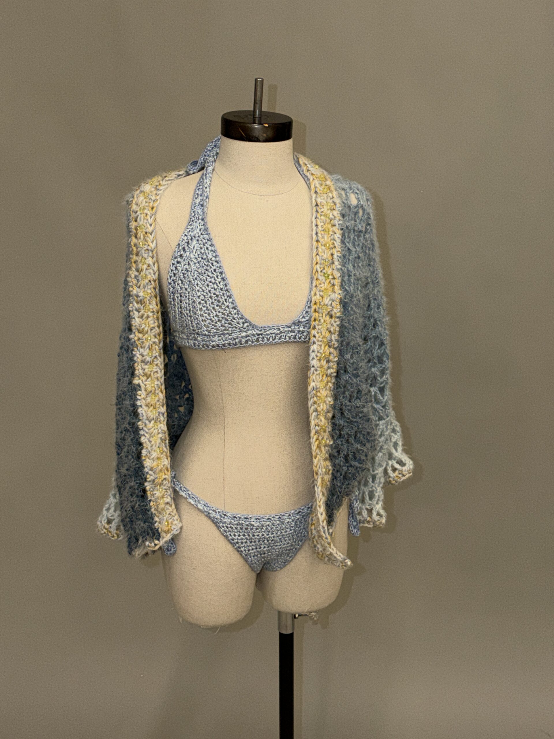 Blue crochet bikini with light blue and yellow cover-up from the From Sunrise to Sunset collection