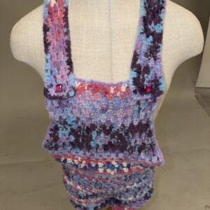 Men’s jeweled crochet romper in purple, pink and blue variegated yarn