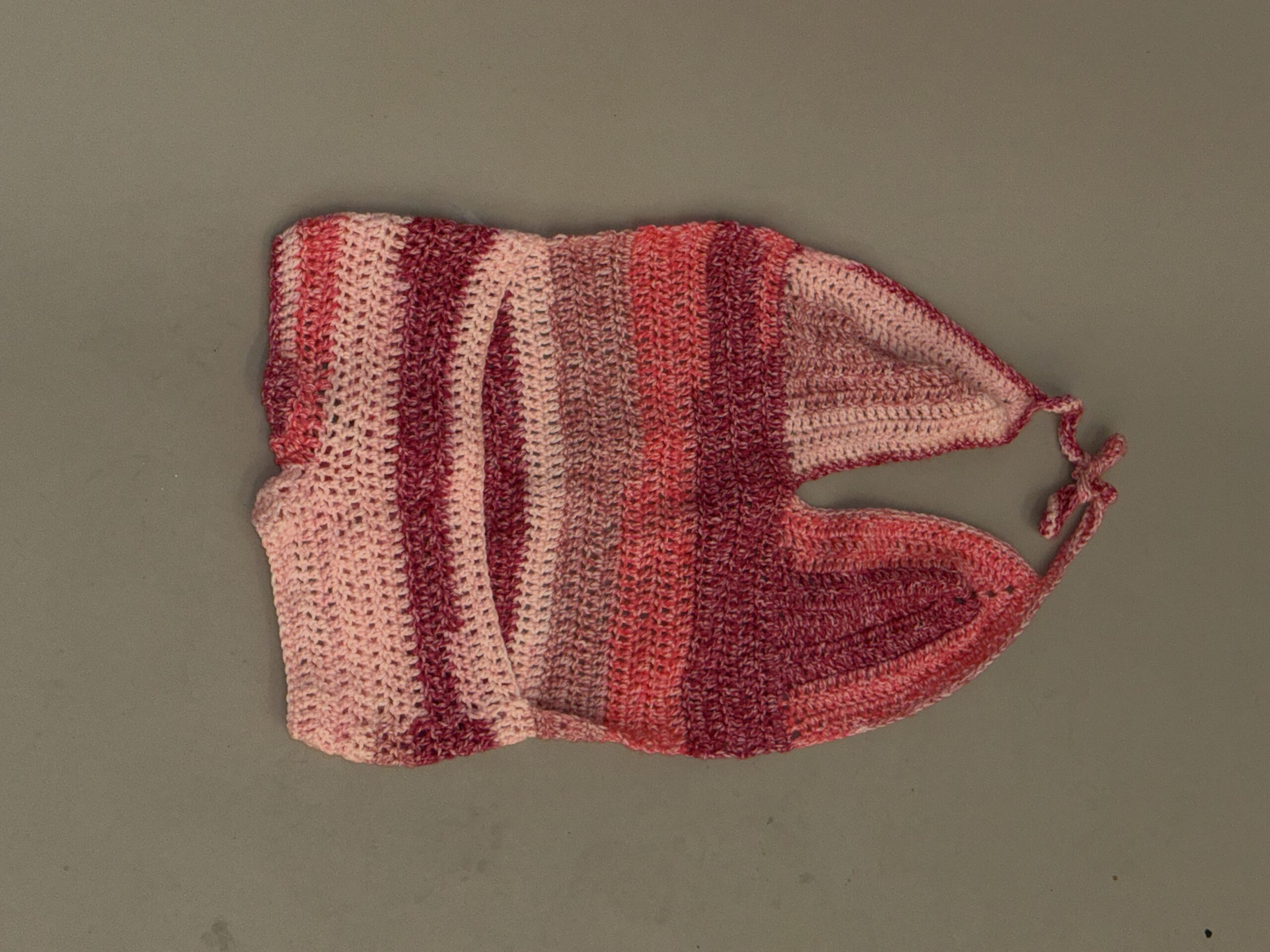 Pink Crochet Halter Jumper – IMG 6505 Pink handmade crochet halter jumper with tie neck and short bottom